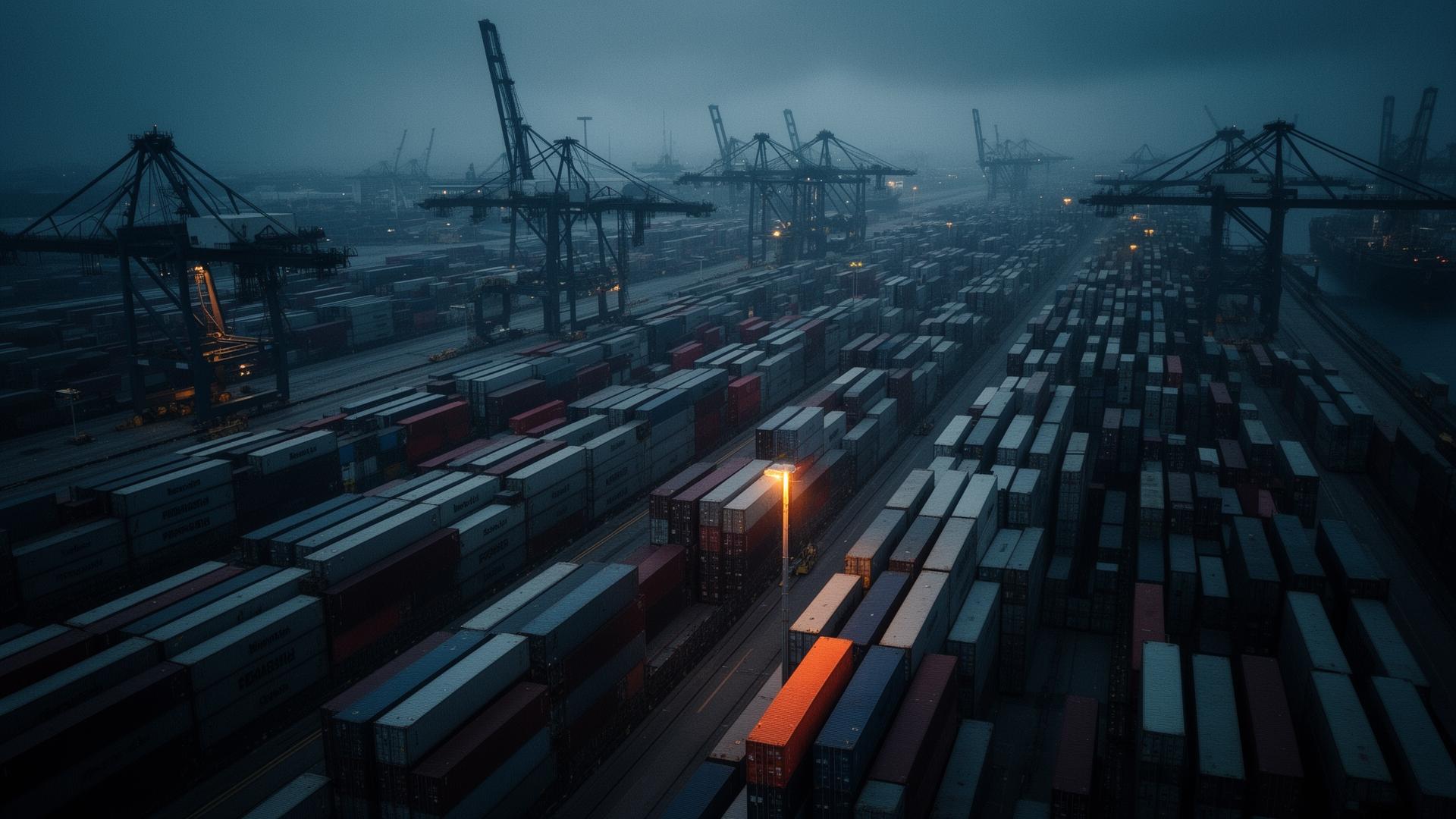 Industrial container port at dusk